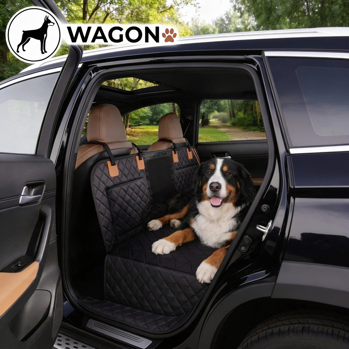 Wagon hard-bottom dog seat cover installed across the back bench